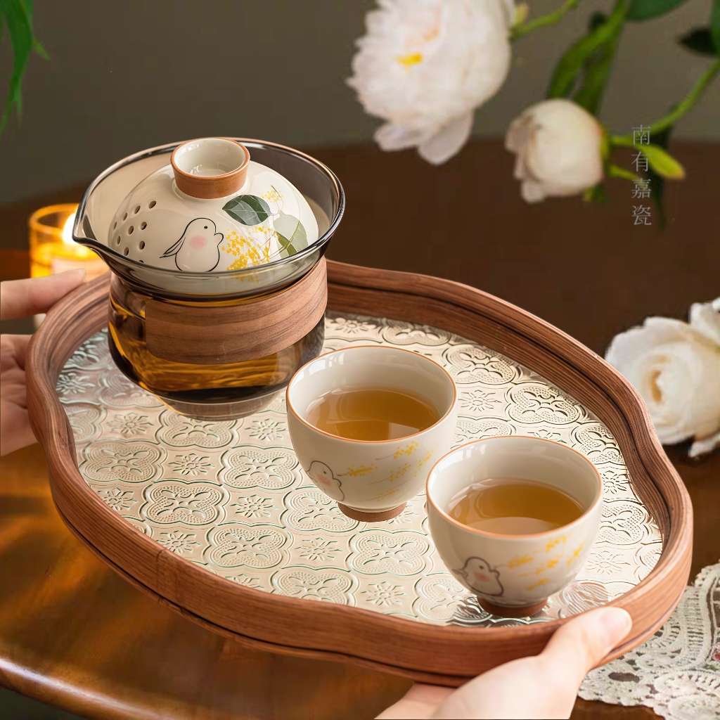 手绘月兔玻璃盖碗一壶二杯旅行茶具高档防烫手抓壶功夫茶具泡茶壶