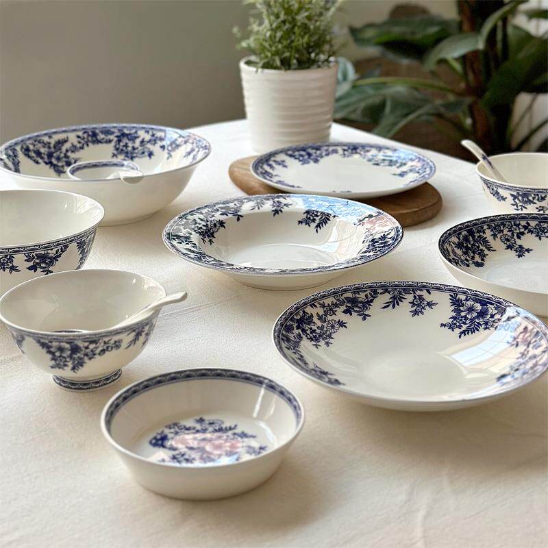 釉下彩青花骨瓷早餐盘汤盘甜品碗汤碗米饭碗陶瓷餐具可微波