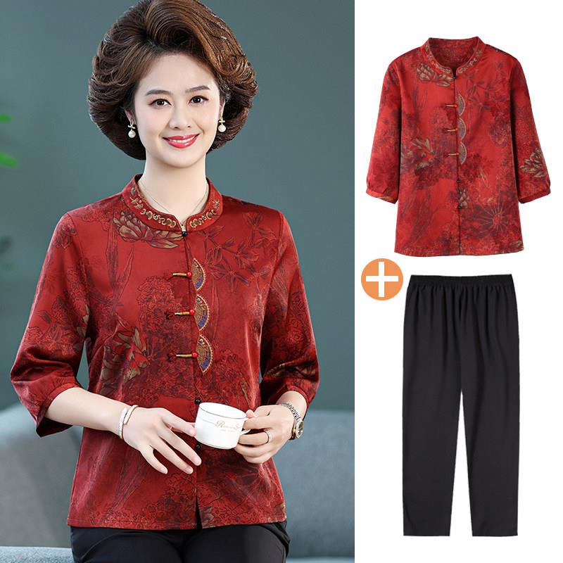 老年人夏装女桑蚕丝上衣服妈妈款太太真丝五分袖衬衫奶奶装夏季套