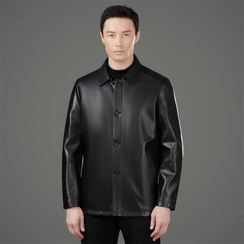 休海宁皮皮衣男春秋季中2582-KJ长款真爸爸翻领皮外套中年闲装扣