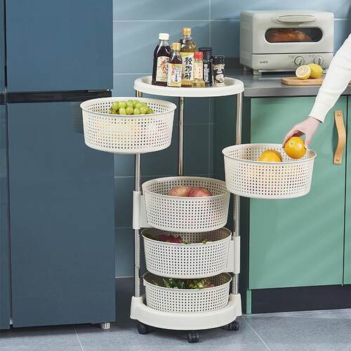 厨房360度旋转置物架多层圆形收纳架落地果蔬整理架带轮可移动架