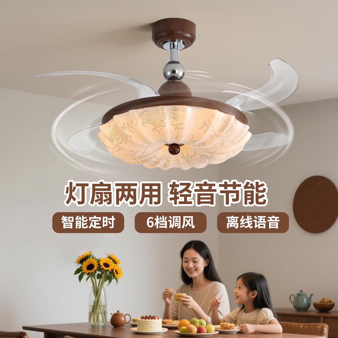 卧室风扇吊灯中古风复古宋式美学印花布艺隐形静音餐厅吊扇灯263L
