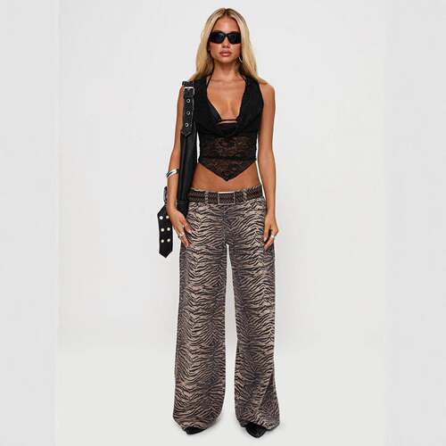 Women's Tiger Striped Denim Pants Fashionable Casual Low
