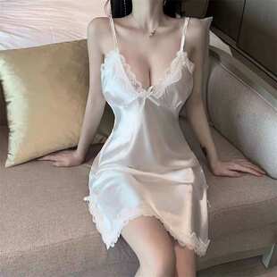 夏季 家居服 冰丝吊带胸垫睡衣女性感V领蕾丝凉感睡裙薄款 2024新款