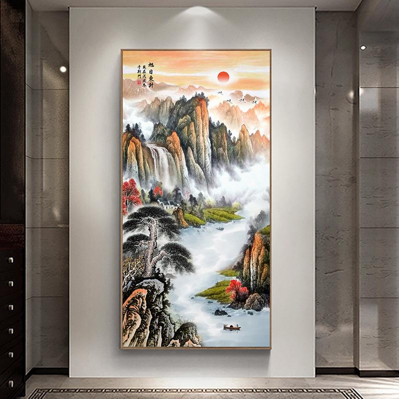 新中式玄关装饰画办公室墙画大气走廊中国风高山流水茶楼古典挂画