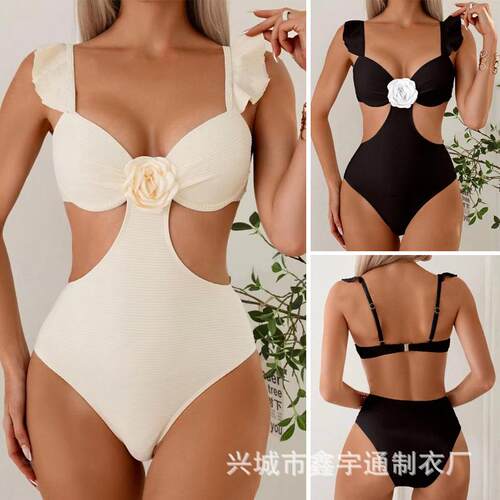 Women'S Plain Stereo Floral Decor Ruffle Trim One-Piece