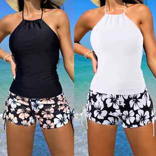 Plus Size Ruched Backless Halter Swim Tankini Tops Floral