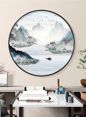 新中式装饰画禅意山水画玄关餐厅圆形挂画书房茶室背景墙客厅壁画