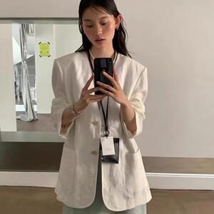 Coex Mall 首尔 ◆氧气入夏~韩国气质V领白色棉麻西装外套女薄款