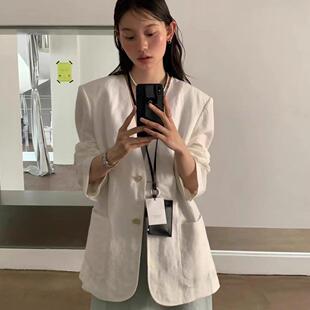Coex Mall 首尔 ◆氧气入夏~韩国气质V领白色棉麻西装外套女薄款