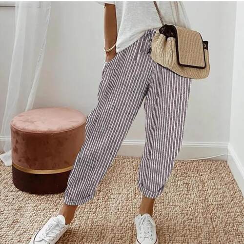Women's Striped Print Pocket Elastic Waist Pants Casual