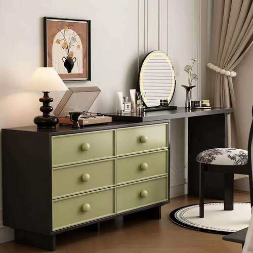 实木烤中古风多巴胺梳妆台斗柜一体床尾柜撞色L型复古化妆桌