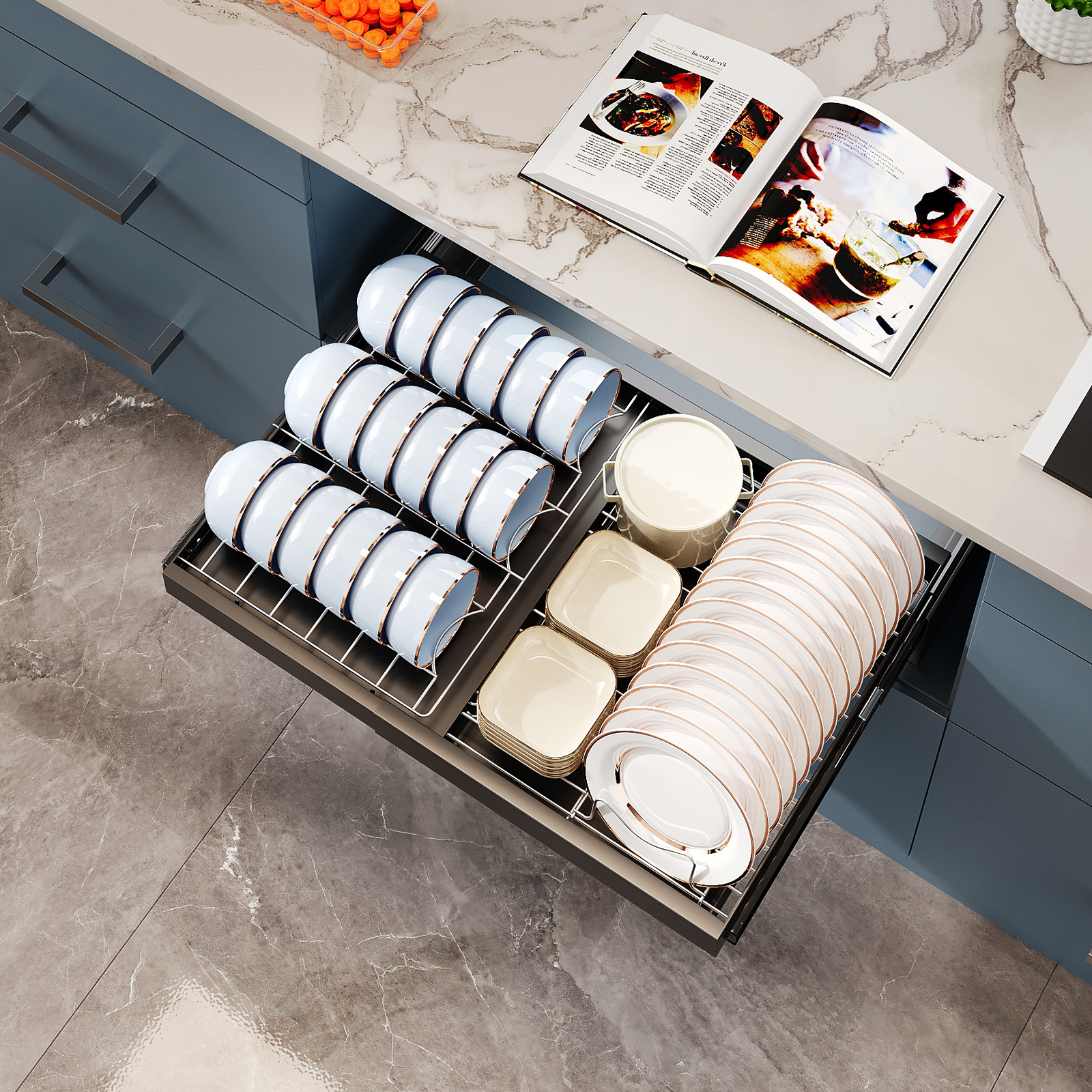 厨房抽拉伸缩置物架橱柜抽屉架拉篮碗盘收纳架带沥水盘碗碟架