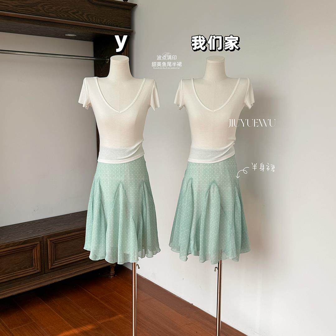 玖月伍 波点满印鱼尾中裙春夏少女感甜美短裙垂感飘逸a字半身裙