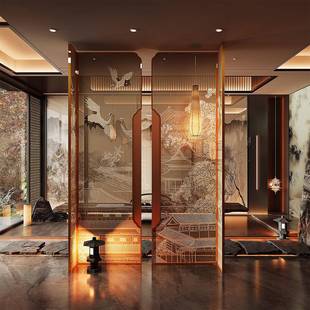 宋式美学不锈钢屏风隔断客厅入口隔断装修禅宗茶室办公室屏风定制