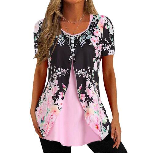 Floral print round neck short sleeved shirt