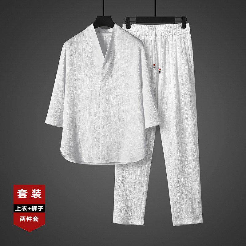 高端可外穿家居服男款夏季夏天纯棉麻短袖长裤睡衣2026正流行套装