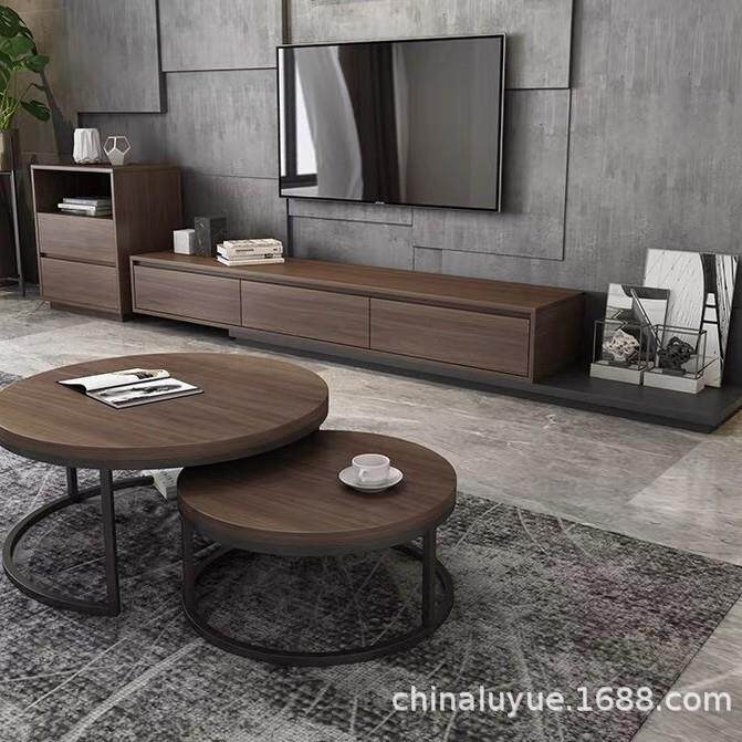 现代简约实木茶几电视柜组合大小户型家用客厅可伸缩电视柜圆茶几