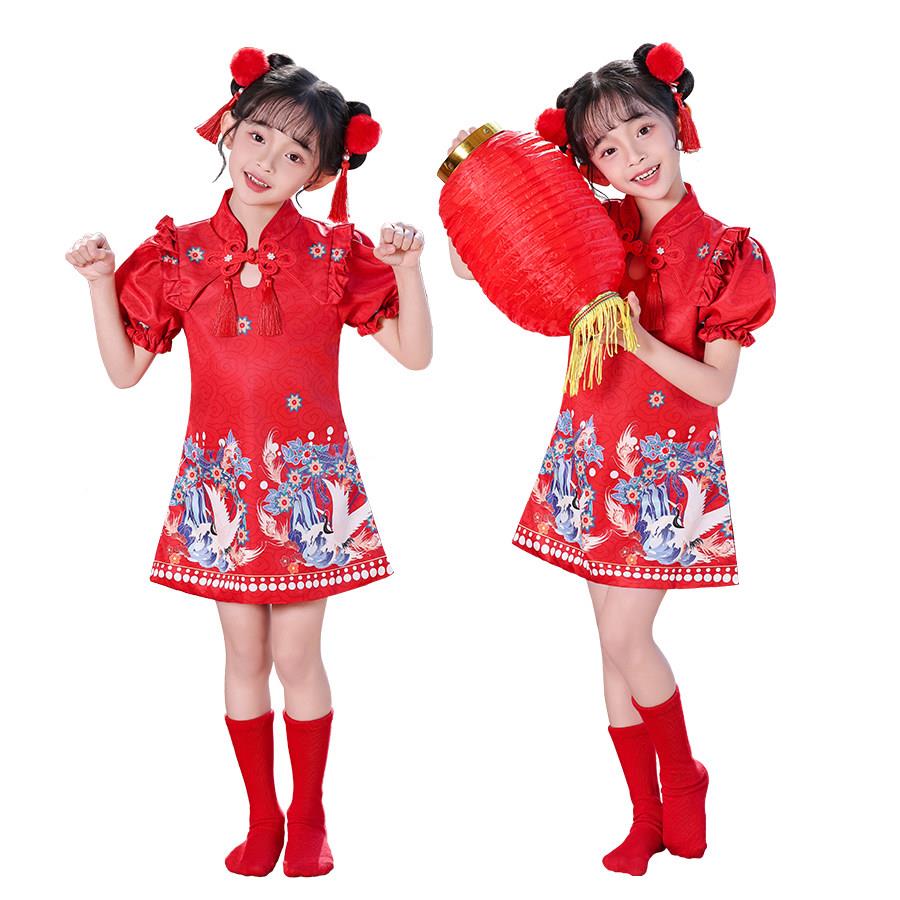元旦儿童喜庆中国风演出服幼儿女舞蹈裙梦娃灯笼元日红旗袍表演服