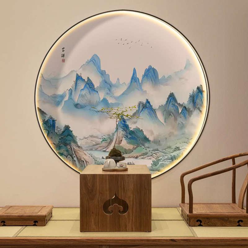 千里江山图新中式玄关柜壁纸禅意山水茶室背景墙墙纸大气圆形壁画