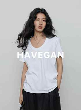 与间HAVEGAN/圆领宽松短袖T恤女基础款白色上衣松弛感夏季内搭