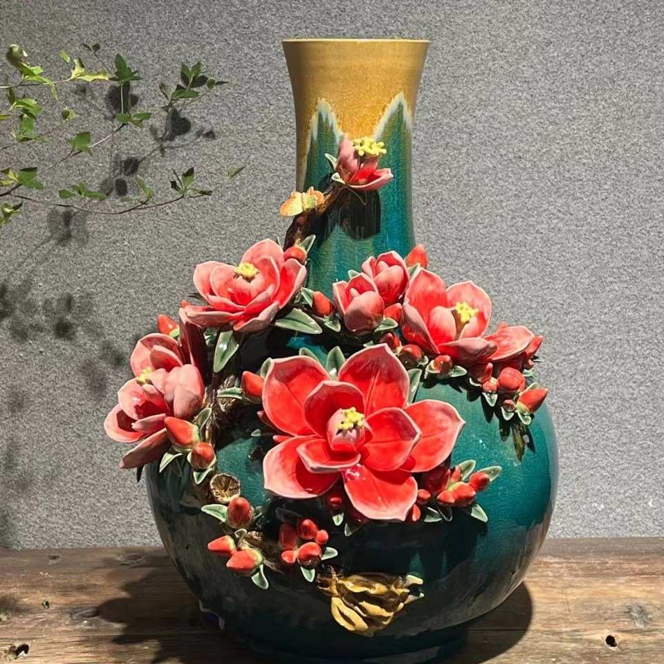 田园花瓶风 陶瓷制品家居装饰玉兰花石湾纯手工摆件现代 大号简约