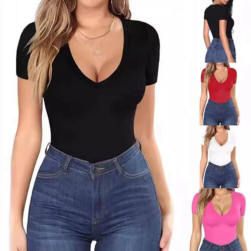 Top deep V-neck short sleeved T-shirt for women