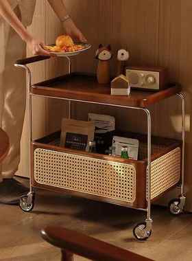 中实木移动带轮几HUO不锈钢边收纳古小推车客厅约储物藤编置物简