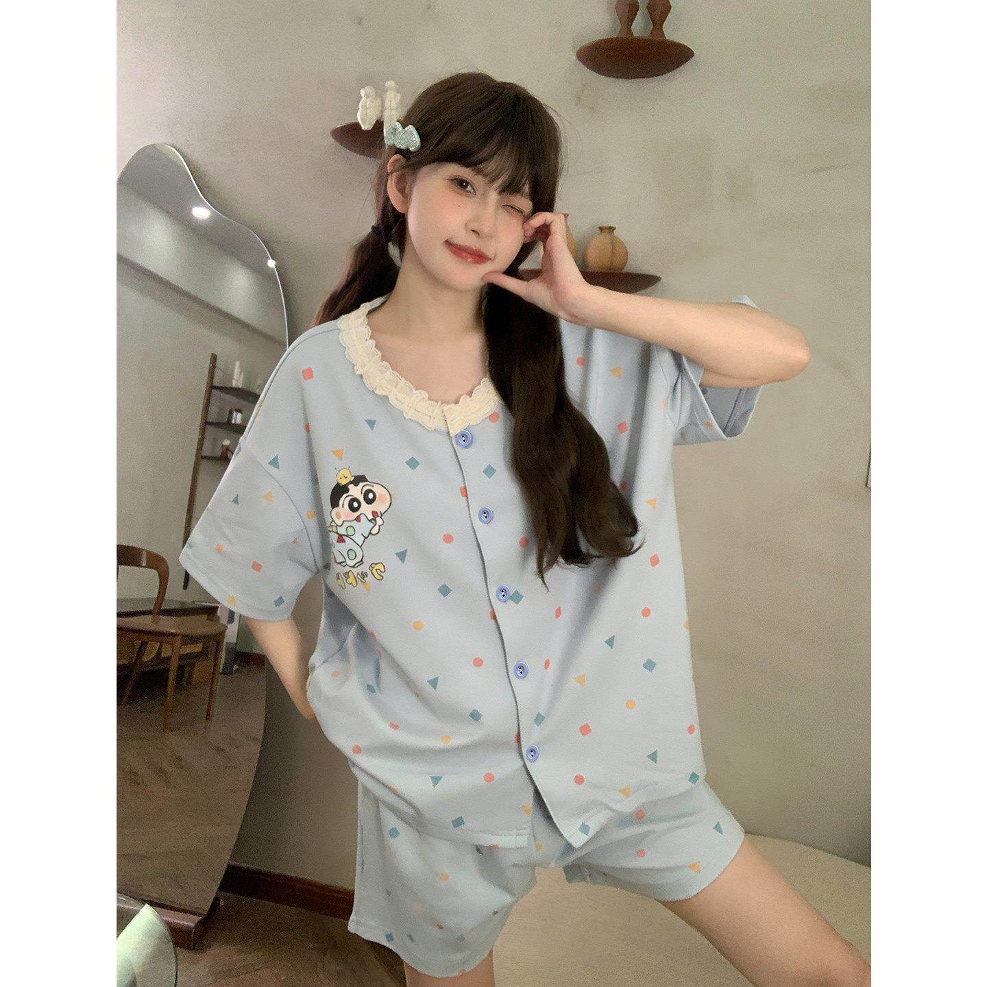 可爱蕾丝短袖睡衣女士2026新款夏季天短裤套装大尺码家居服可外穿