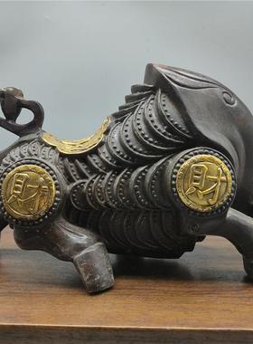 古玩铜器工艺品黄铜牛鎏金大钱牛做旧仿古摆件装饰收藏品新