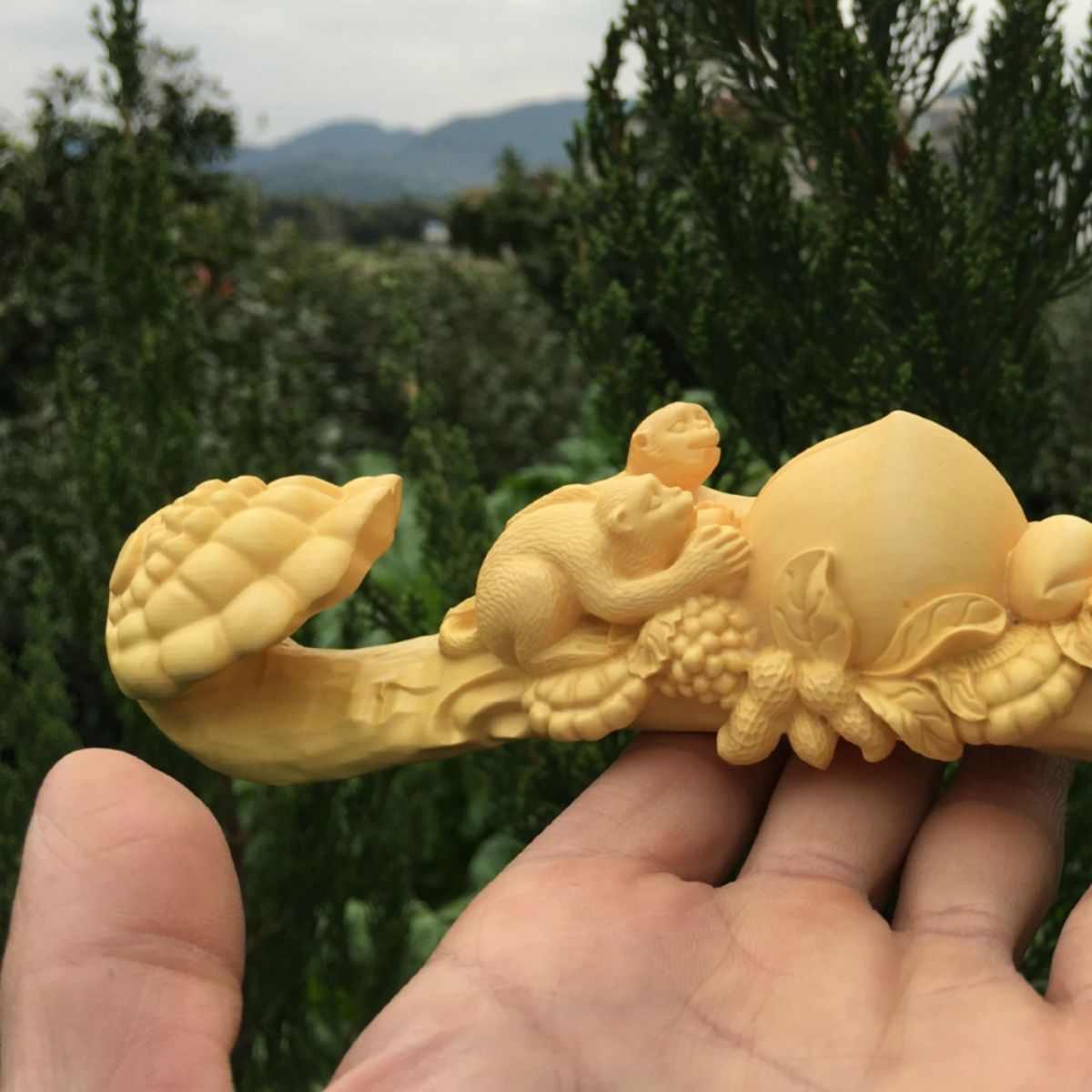 黄杨木雕猴桃瑞寿如意摆件实木质生日贺寿祝寿礼品工艺品