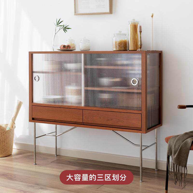 北欧实木金属餐边柜 小户型简约玻璃储物边柜 餐厅不锈钢多功能柜