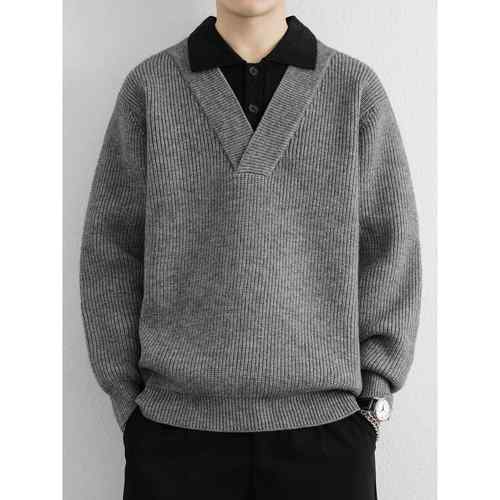 冬季加厚假两件毛衣男士秋韩版撞色翻领线衣慵懒风打底针织1219u