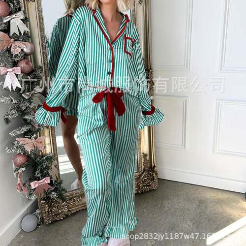 2pcs Womens Striped Christmas Pajama Set Long Sleeve