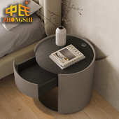 意式 家具卧室设计皮革智能床边储物柜 极简烟熏木纹复古床头柜