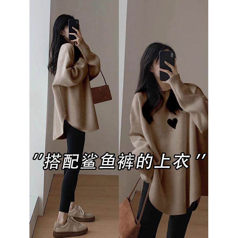德绒长袖T恤女秋季宽松中长款遮屁股磨毛内搭打底衫配鲨鱼裤上衣