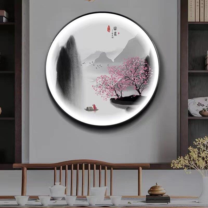 新中式玄关装饰画 画饭厅圆形带灯画 画茶室背景墙水墨山水挂画