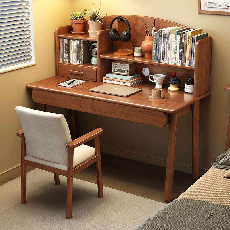 橡胶木全实木儿童学习书桌椅组合80CM中小学生写字桌带书架办公桌