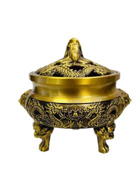 铜先熏森全黄铜雕双龙戏供奉三足双龙戏珠珠香炉铜器摆浮件