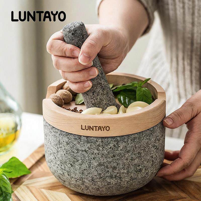 Luntayo 捣蒜器家用花岗岩石臼捣蒜器竹盖杵蒜泥器擂钵香料研磨器