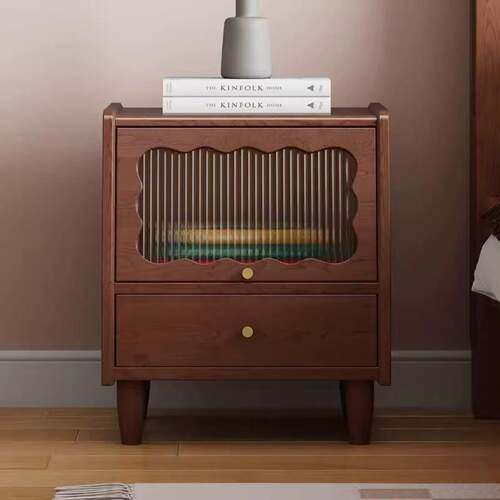 实木复古玻璃床头柜小户型简约家用卧室收纳柜储物柜床边置物柜子