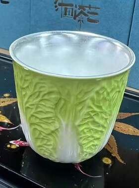 银杯子 999纯银功夫大号喝茶杯陶瓷鎏银品茗杯主人杯白菜单杯