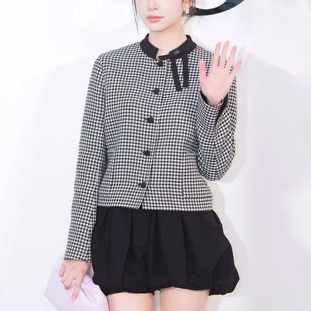 韩素希同款轻奢风千鸟格子短外套女立领蝴蝶结修身小西装外套春装