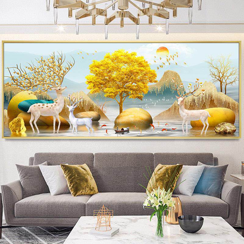 2025新款5D钻石画 画满钻横幅客厅招财麋鹿点钻十字绣砖石麋鹿风