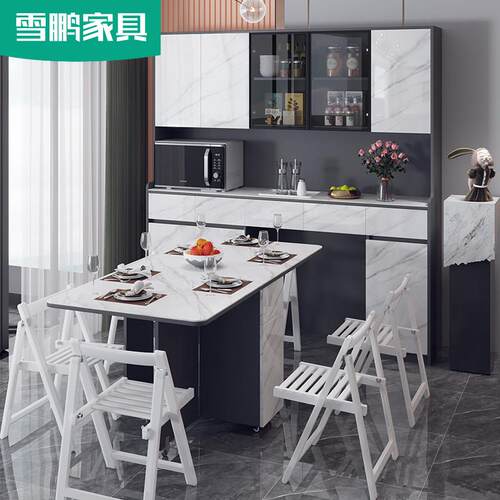 轻奢岩板餐柜折叠餐桌一体组合靠墙储物柜子客厅饭厅定制6G106
