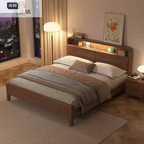 北欧带胡实桃色木床12m灯高箱储物床现代简约床双人1..QOK8x2米主