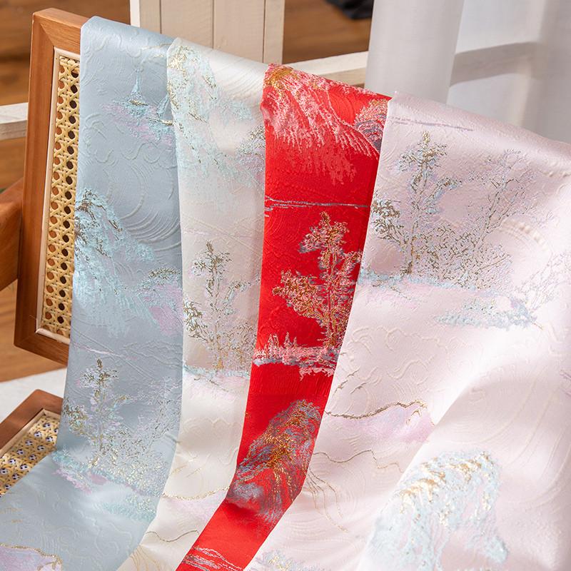 千里江山金丝山脉浮雕柔软织金提花面料汉服旗袍礼服连衣裙布料