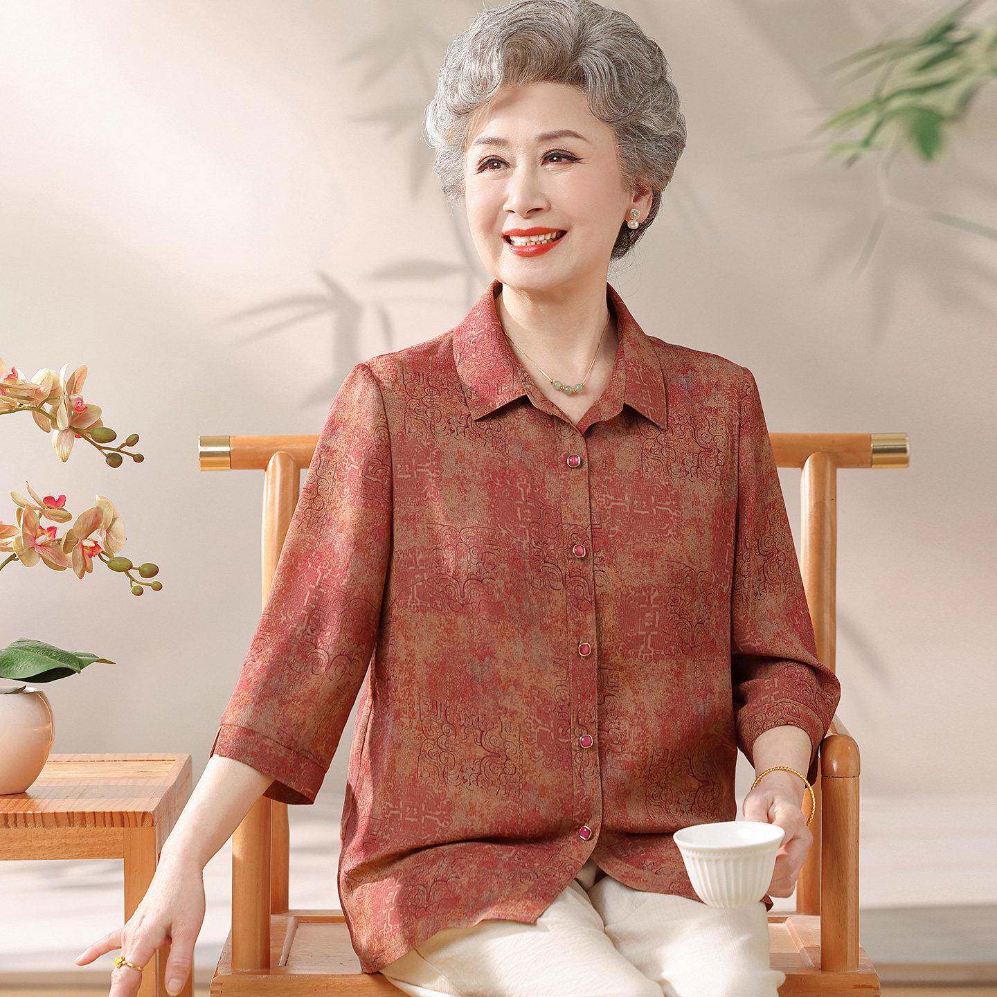 民族风中老年人衬衫女翻领夏装桑蚕丝100%套装奶奶真丝开衫上衣薄