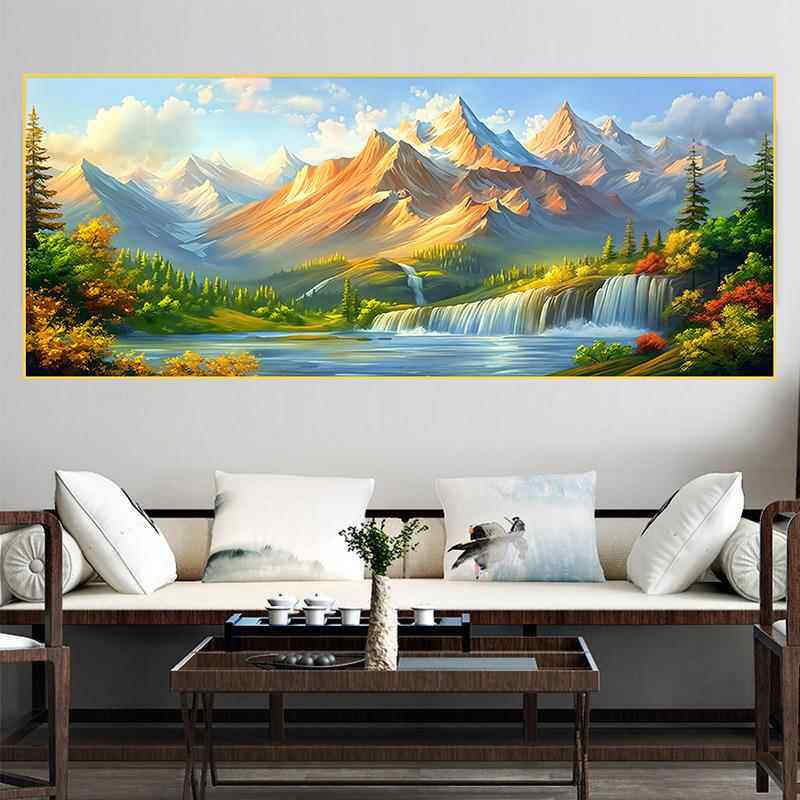 日照金山聚宝盆山水画客厅贴画自粘靠山图背景墙装饰画招财办公室