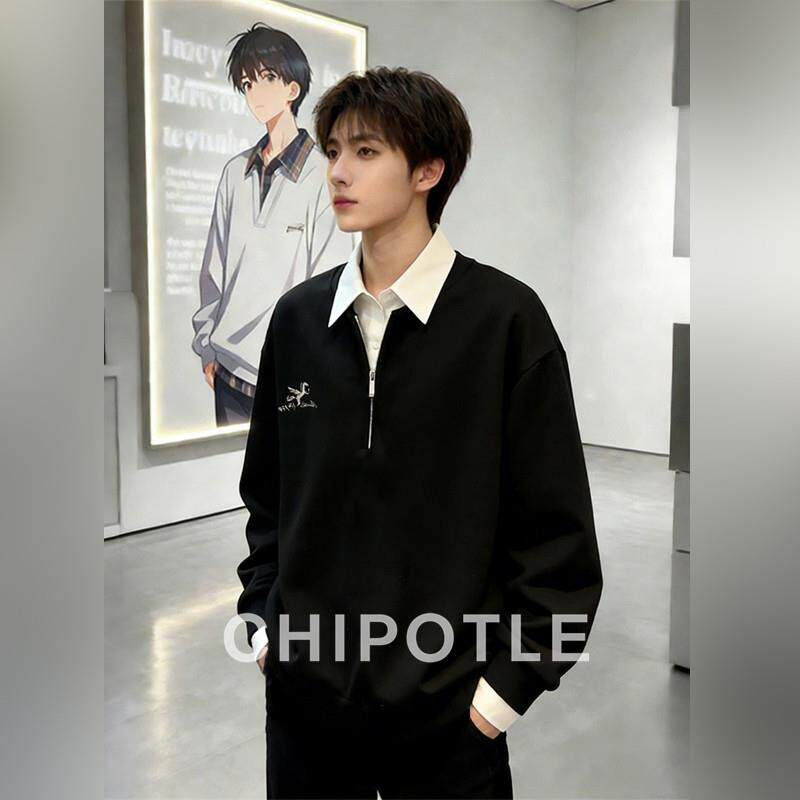 韩国CHIPOTLE假两件衬衫领卫衣男2026春季撞色拼接半拉链长袖t恤
